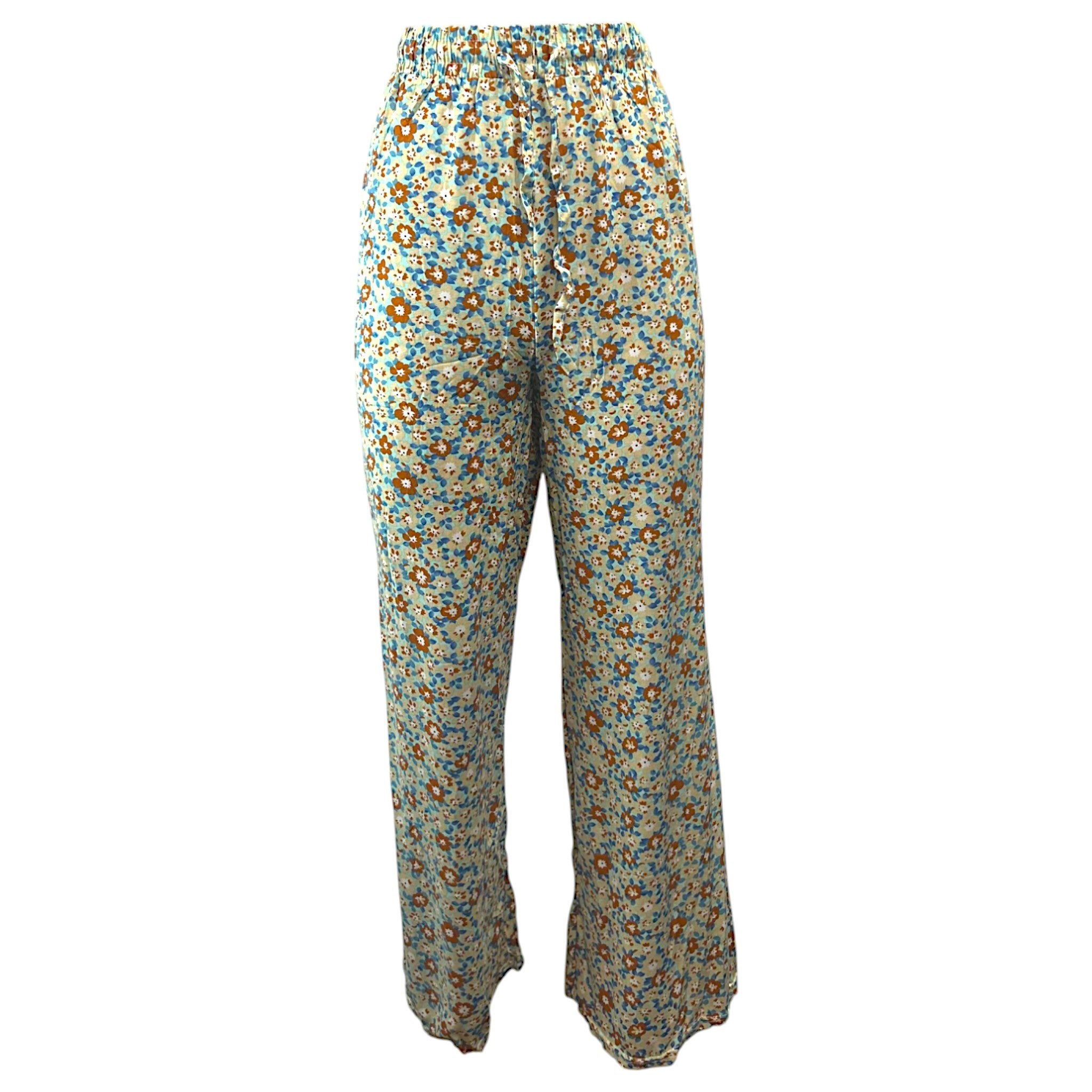 women’s beige floral print wide leg lounge palazzo trousers